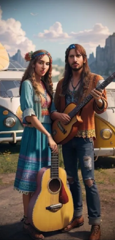 Bohemian musicians play guitar by vintage VW vans under a scenic blue sky.