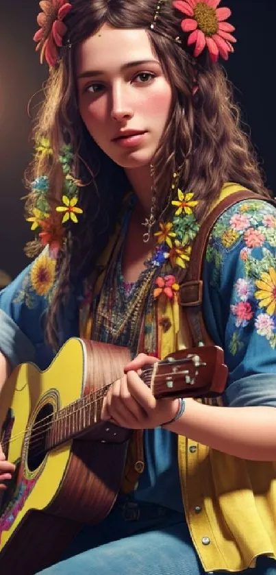 Bohemian musician playing guitar with floral accents.