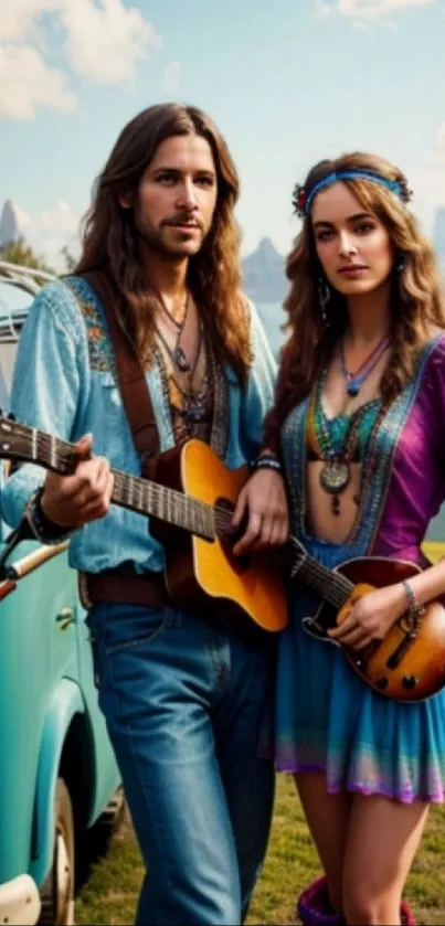 Bohemian couple with instruments by a vintage van in a scenic mountain setting.