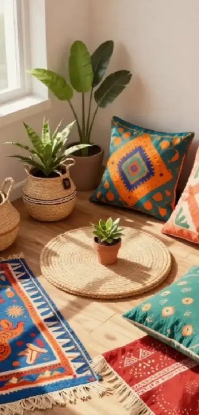 Bohemian room with pillows, plants, and sunlight.