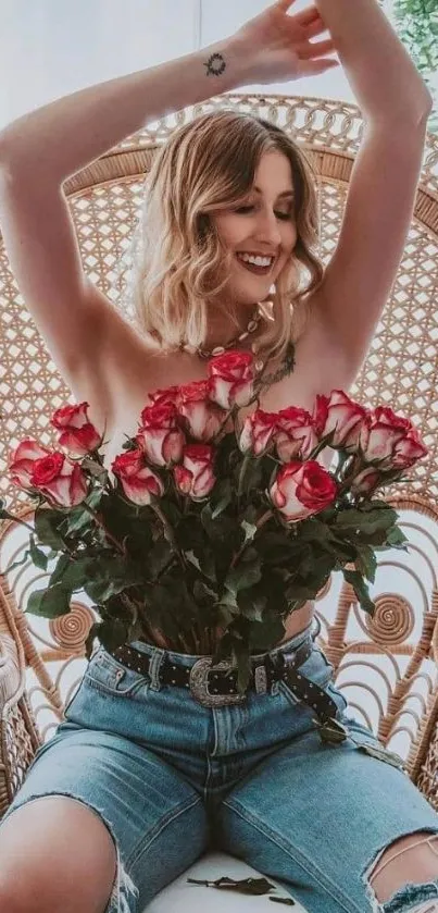 Woman sitting with roses in a vintage chair.