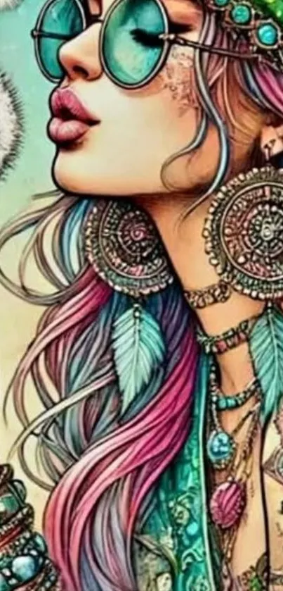 Bohemian style illustration with colorful accents and intricate jewelry.