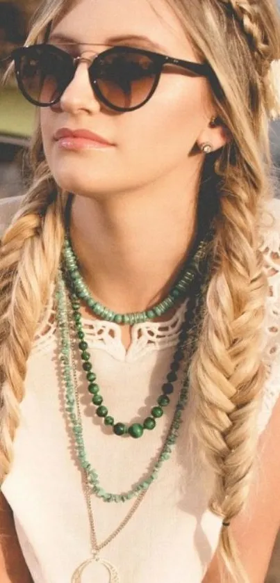 Bohemian style woman with braids and sunglasses on a sunny day.