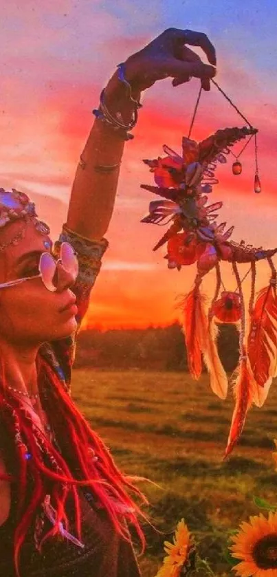 Bohemian woman holding art piece at sunset with sunflowers.