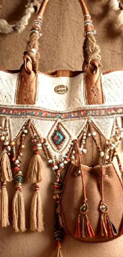 Bohemian tasseled handbag with intricate beadwork design.