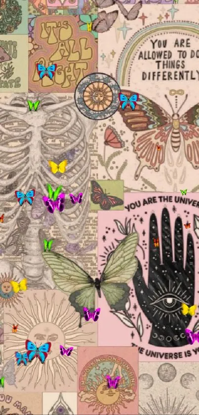 Eclectic boho collage wallpaper with vintage and mystical themes.