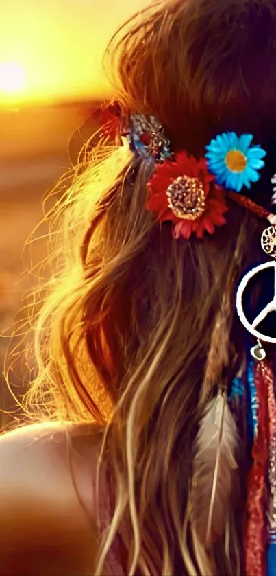 Boho flower crown against a sunset backdrop with peace sign.