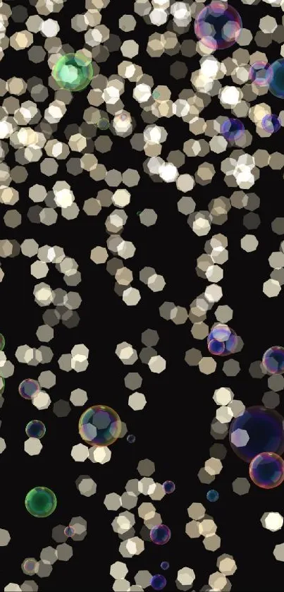 Abstract bokeh lights with colorful bubbles on black background.