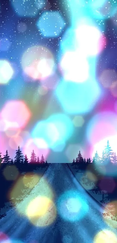 Vibrant night sky with bokeh light orbs and forest silhouette.