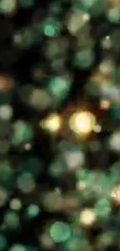 Dark green and gold bokeh sparkle mobile wallpaper with soft focus.