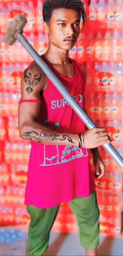 Man with hammer and tattoos against a vivid red background.