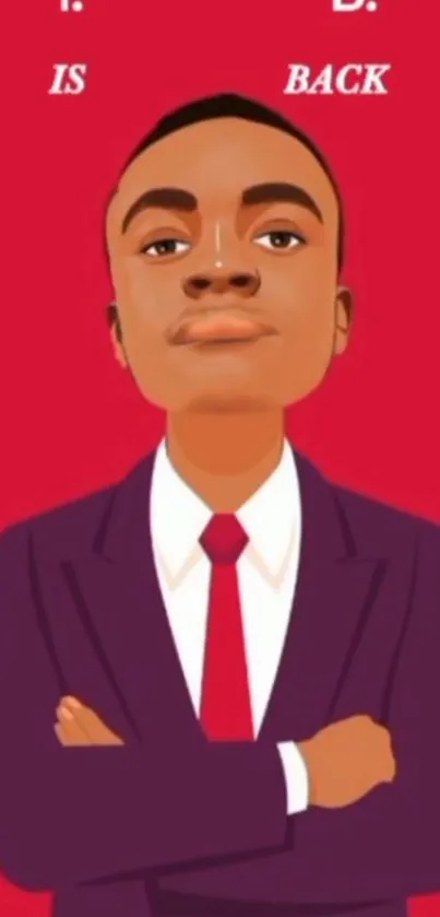 Animated portrait on bold red background, suited character.