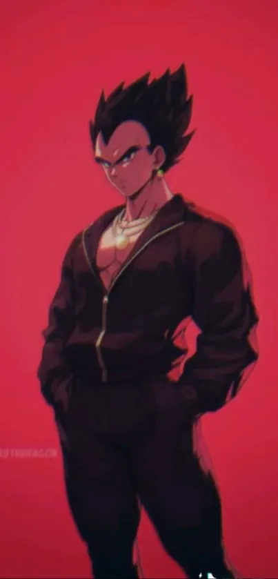 Anime character on a striking red background with bold pose.