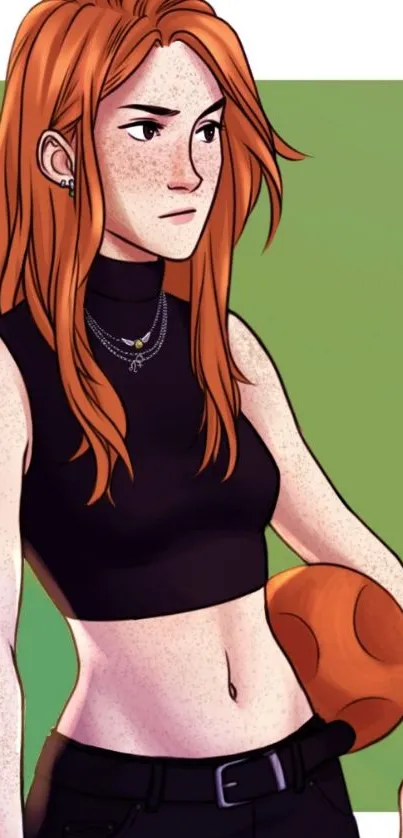 Anime character with red hair, black top, and green background.