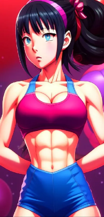 Anime fitness girl in pink and blue outfit with vibrant colors as mobile wallpaper.