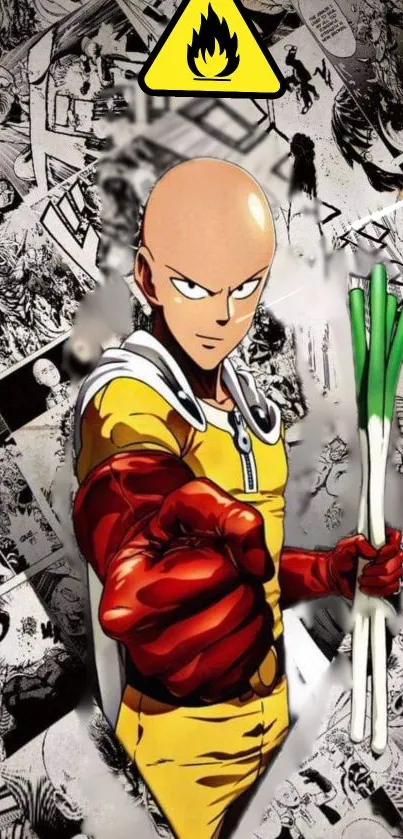 Anime hero in yellow suit with action background.