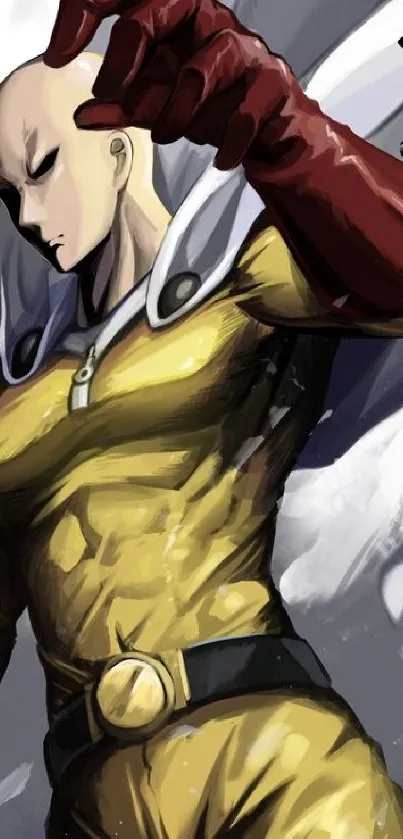 Dynamic anime hero with bold yellow suit in powerful pose.