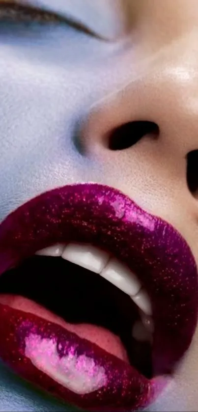 Close-up of bold makeup with vibrant purple lips and creative art.