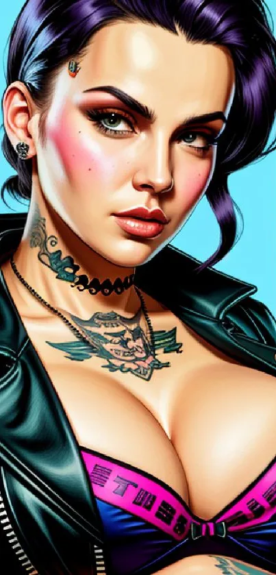 Colorful tattooed woman in a leather jacket set against a vibrant background.