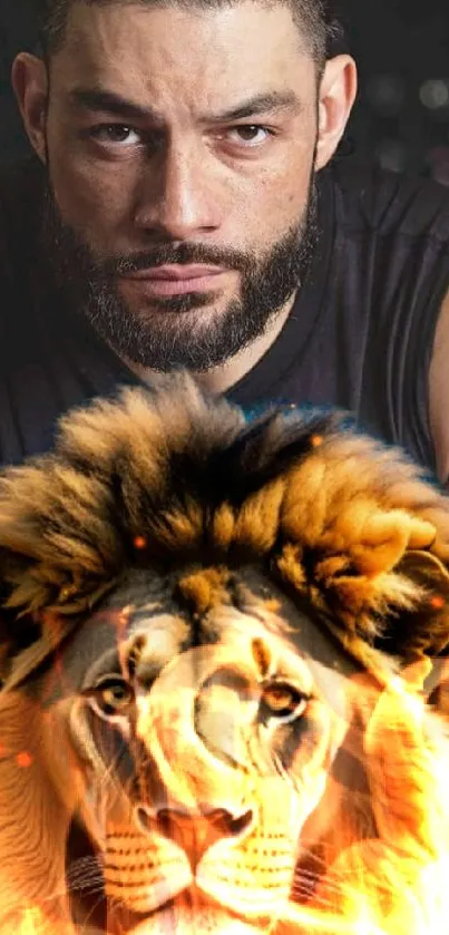 A man and a fiery lion in an artistic mobile wallpaper design.