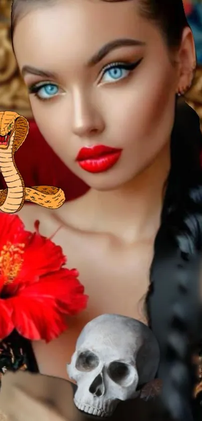 Striking woman with a cobra, flower, and skull.