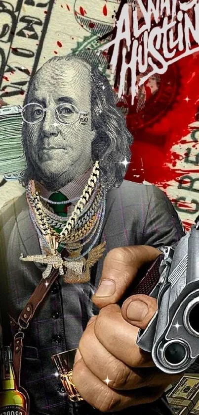 Benjamin Franklin hustler themed wallpaper with bold graphic elements.