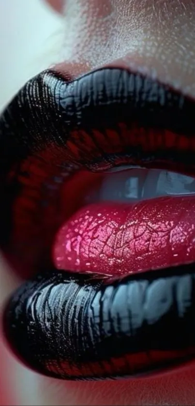 Close-up of lips with black and red lipstick, creating an artistic look.