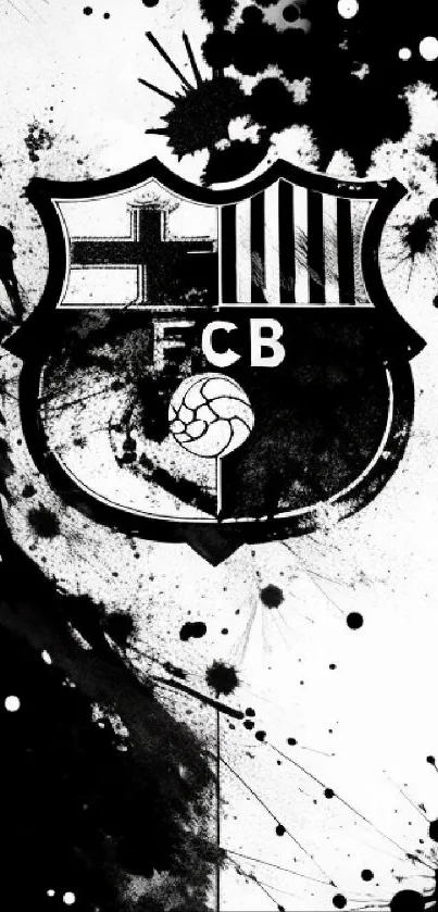 Black and white emblem with ink splashes on mobile wallpaper.