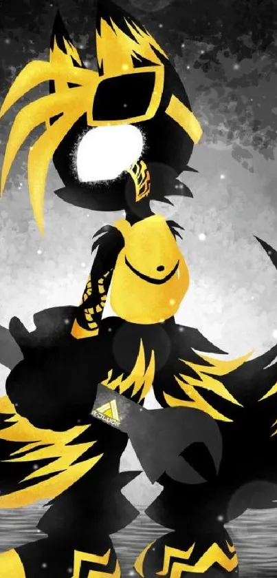 Stylized black and yellow character art with abstract elements.