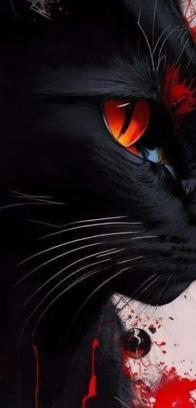 Artistic black cat with vibrant orange eyes set against a soft background.