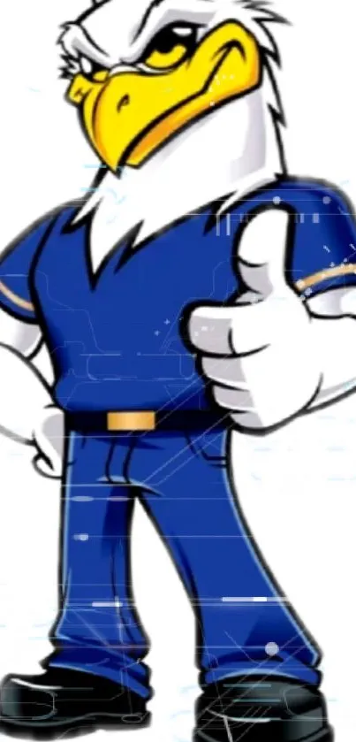 Cartoon eagle character in blue outfit giving a thumbs up.