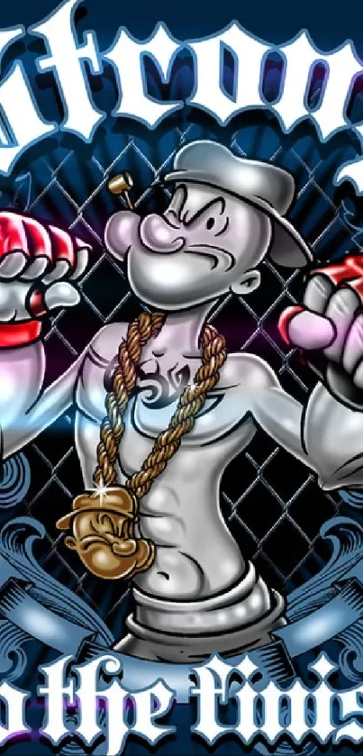 Cartoon fighter with boxing gloves on dark blue background.