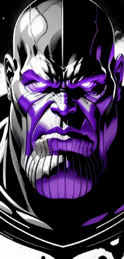 Illustration of a comic book villain with purple and black shading.