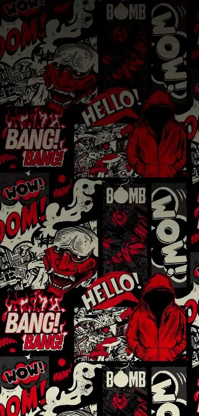 Comic style wallpaper with bold red, black, and white graphics and text effects.