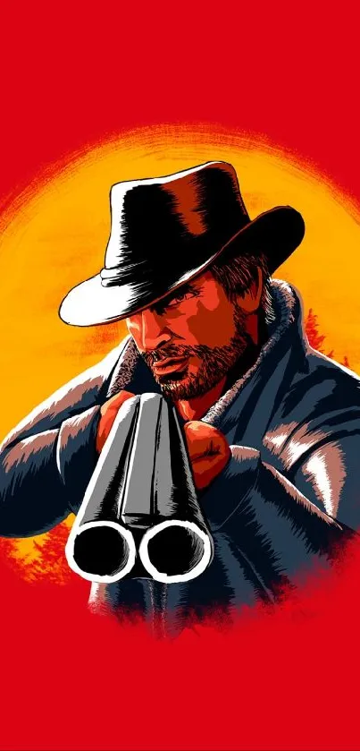 Bold cowboy illustration on red background mobile wallpaper.