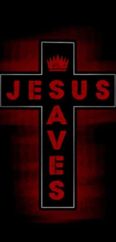 Mobile wallpaper with 'Jesus Saves' cross in red on black background.