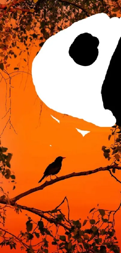 Silhouette of crow on a vibrant orange background with artistic contrast.