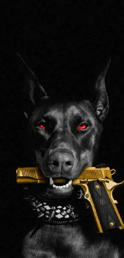 Doberman with red eyes and gold pistol on black background.