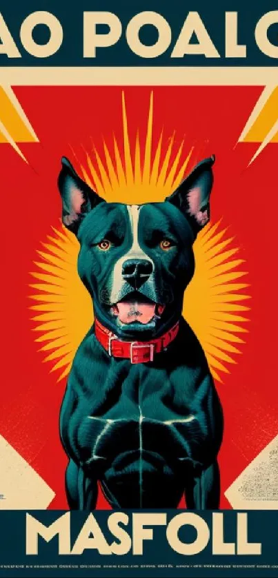 Bold dog poster with vibrant red background.