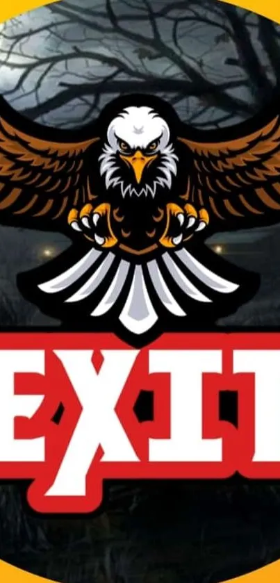 Eagle with exit sign on dark background wallpaper.