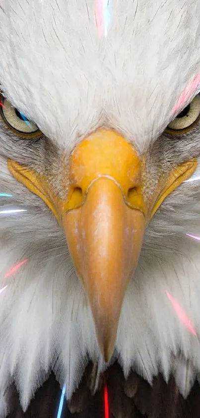 Majestic bald eagle closeup with striking gaze and colorful accents.