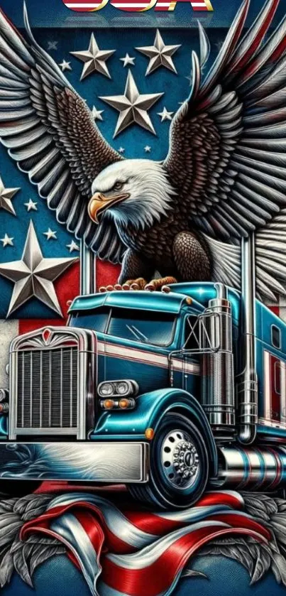 Eagle soaring above truck with US flag backdrop.