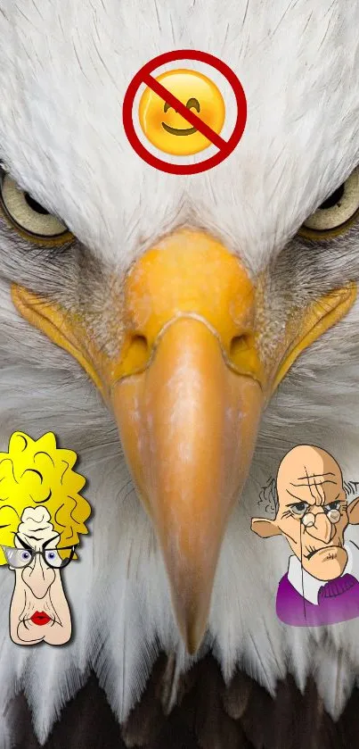 Eagle with emoji and cartoons on white background.