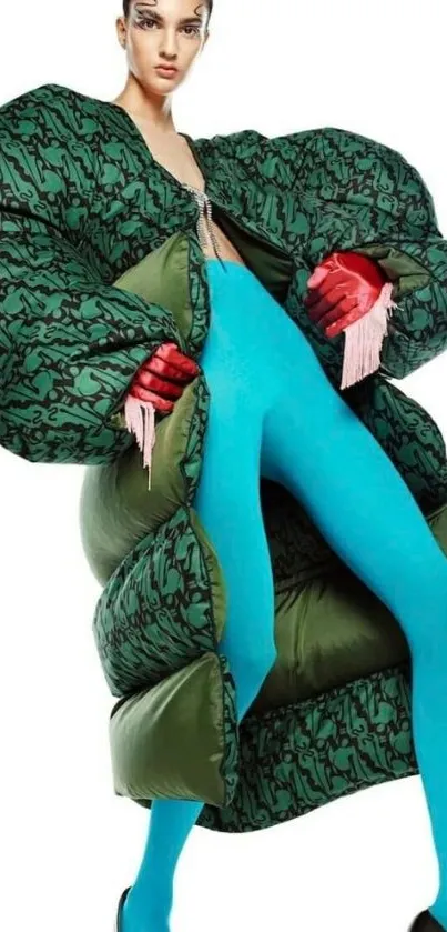 Vibrant fashion art with teal and green design accents.