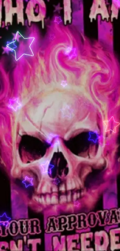 Flaming pink skull with bold text on a phone wallpaper.