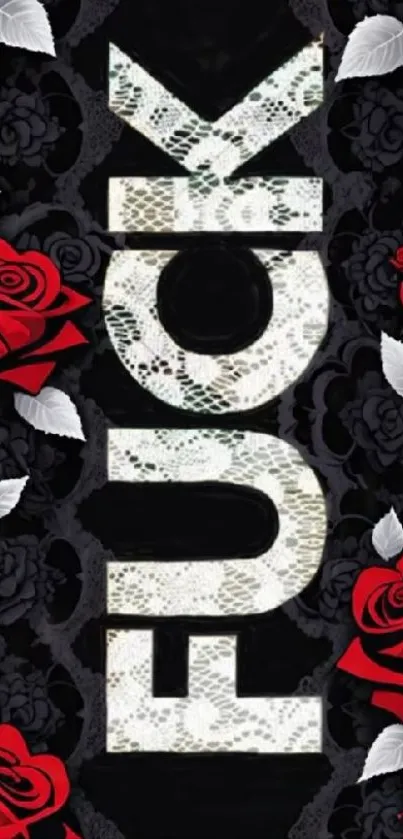 Mobile wallpaper with bold text and red roses on black floral background.