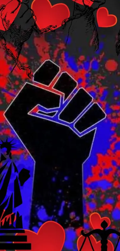 Bold black fist on splattered red and blue background.