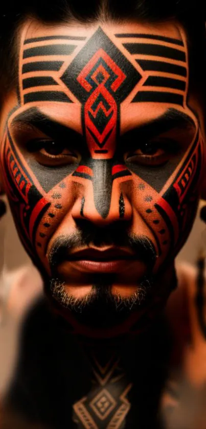 Bold geometric face art with tribal patterns on a man's face.