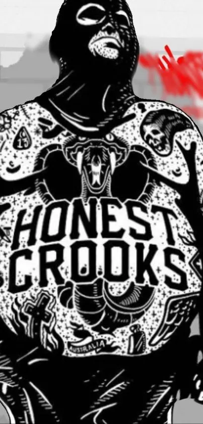 Bold street art wallpaper with 'Honest Crooks' tattooed figure.