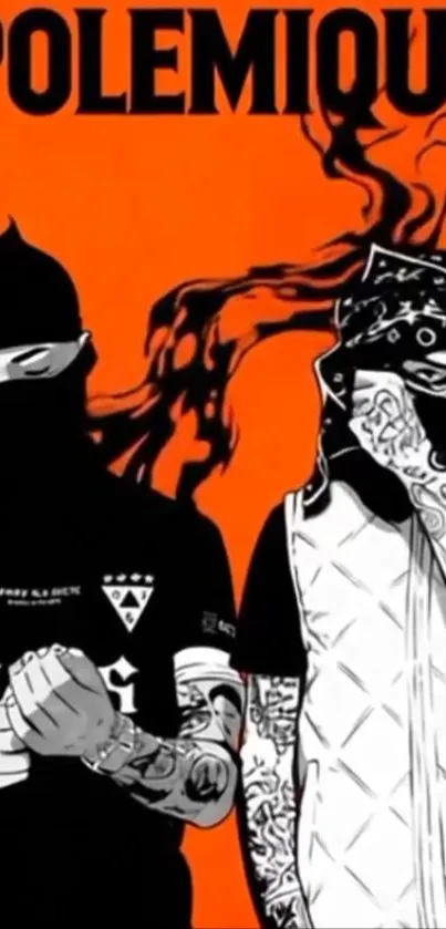 Bold street art wallpaper with masked figures on a vibrant orange background.